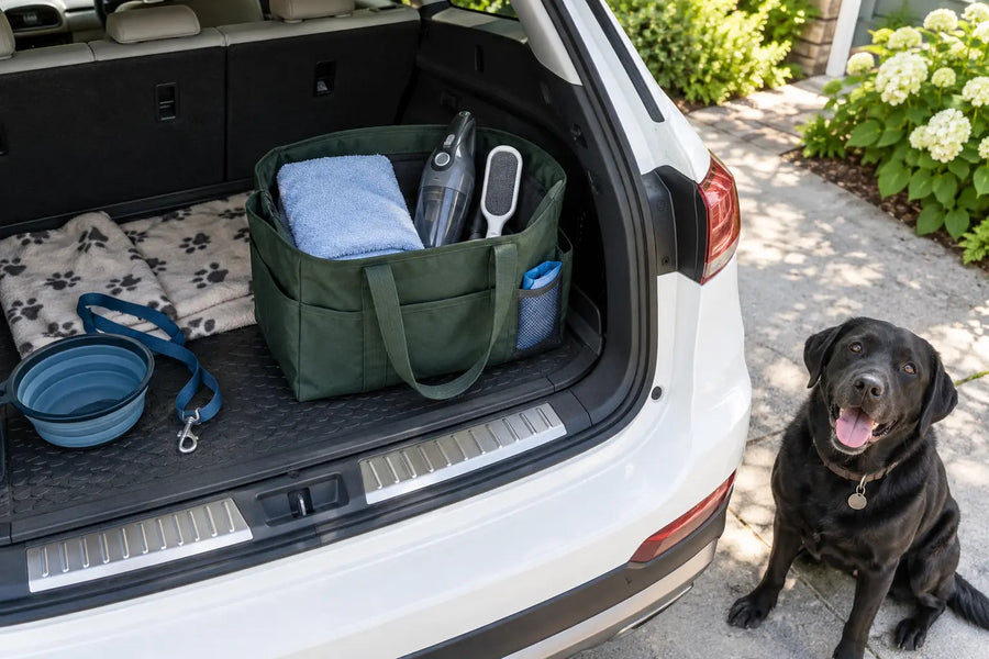Editorial illustration: An organized car-cleanup tote beside a black Labrador at an open parked-car hatch