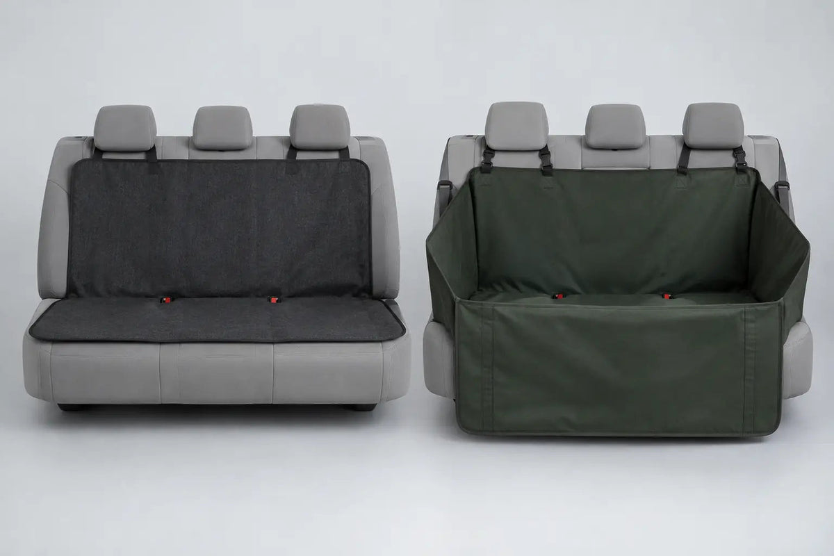 Editorial illustration: Two generic car-seat protection configurations: a bench cover and a raised-front hammock