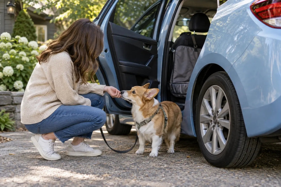 Editorial illustration: A corgi being gently introduced to a parked car before its first trip