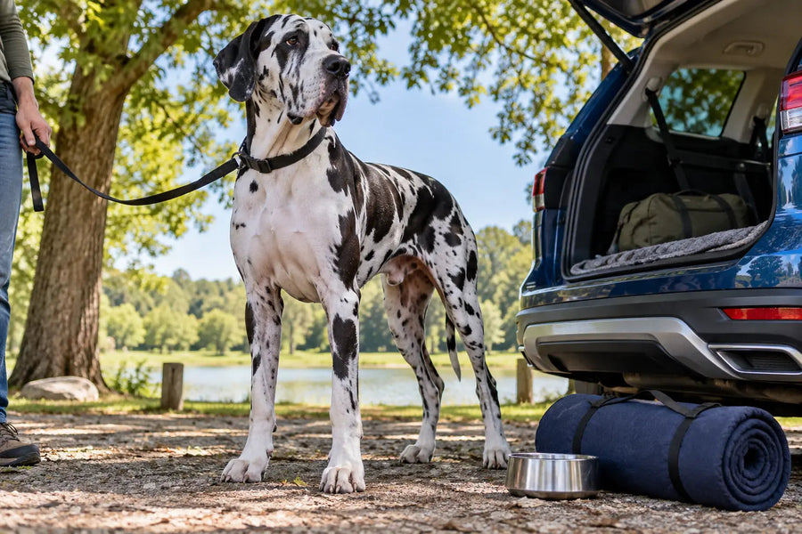 Editorial illustration: A large Great Dane beside a parked SUV with a rolled mat and a water bowl