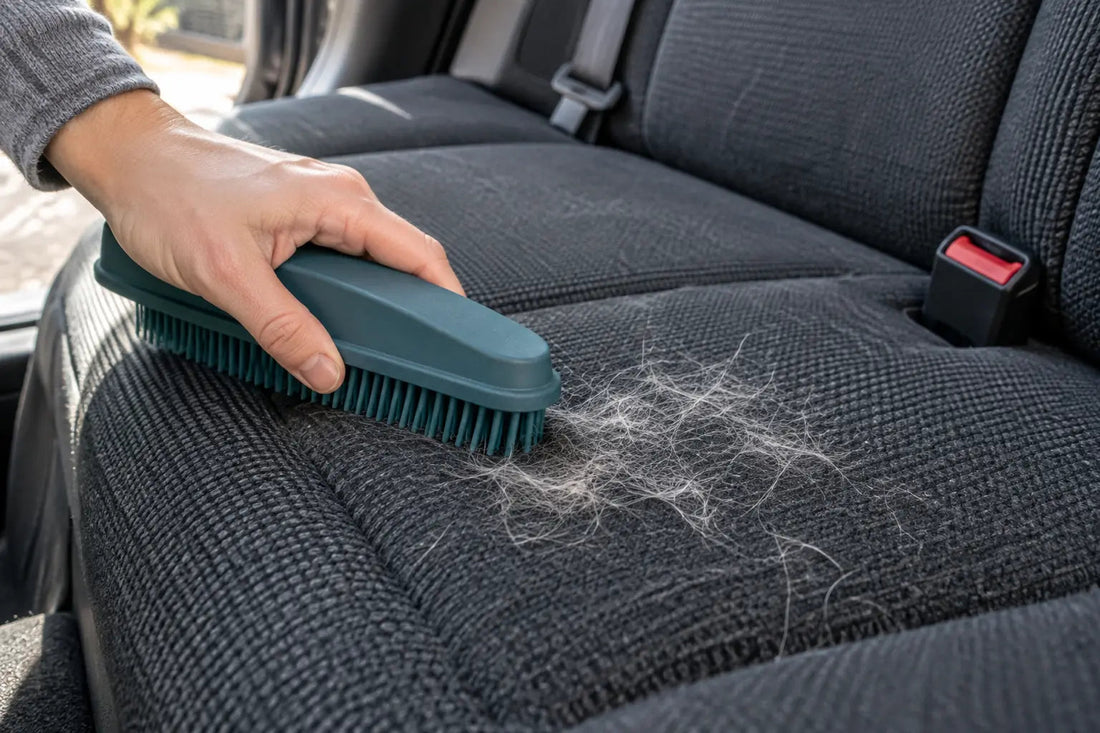 Editorial illustration: lifting loose dog hair from a fabric car seat with a plain rubber brush