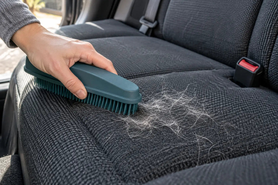 Editorial illustration: lifting loose dog hair from a fabric car seat with a plain rubber brush