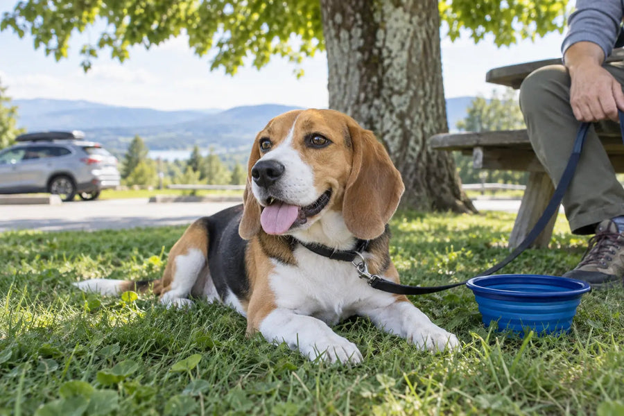 Editorial illustration: A beagle enjoying a shaded rest break beside water during a car journey