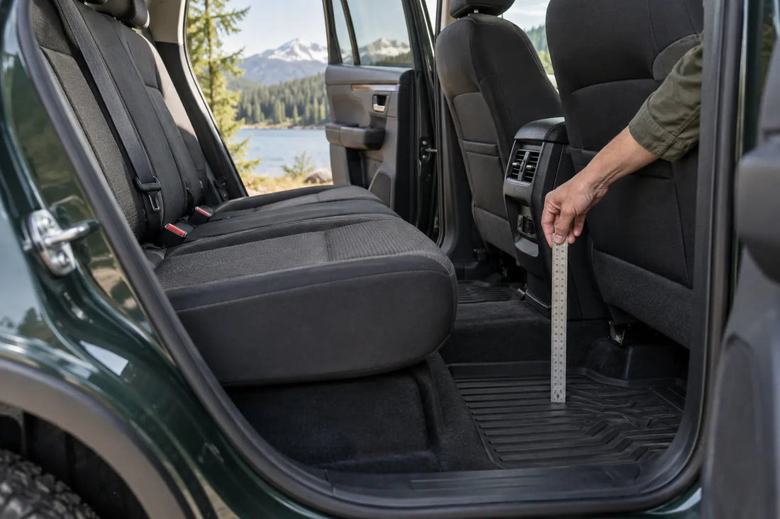 Editorial illustration: Checking the rear footwell depth and seat clearance before choosing a back-seat extender