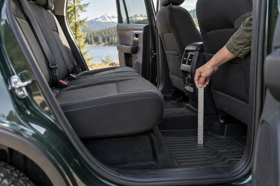 Editorial illustration: Checking the rear footwell depth and seat clearance before choosing a back-seat extender
