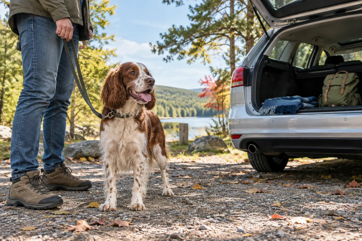 Editorial illustration: A leashed spaniel and packed car at an early-autumn park stop