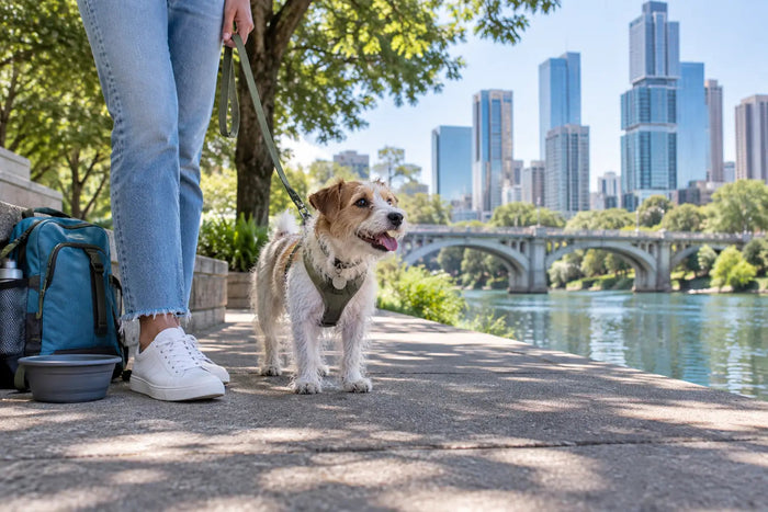 Editorial illustration: A terrier and packed day bag at a shaded urban riverside stop