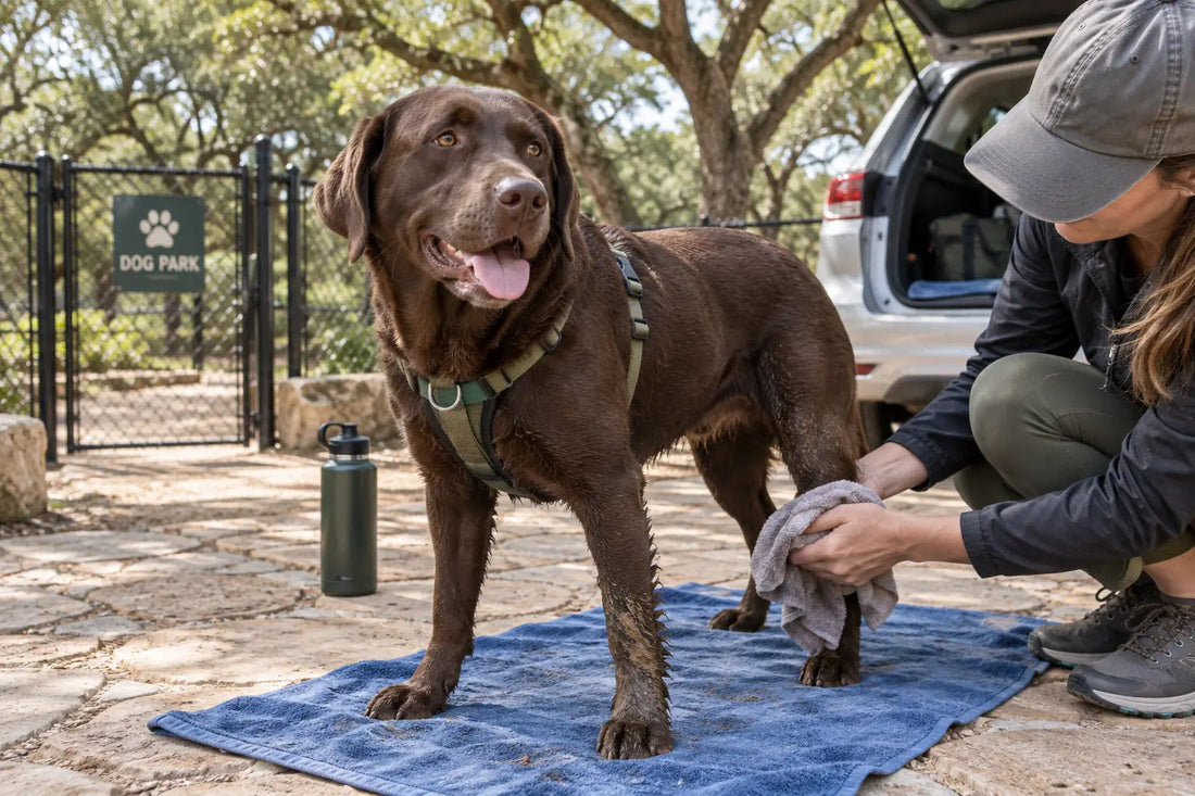Editorial illustration: A chocolate Labrador being wiped down on a towel after a dog-park visit