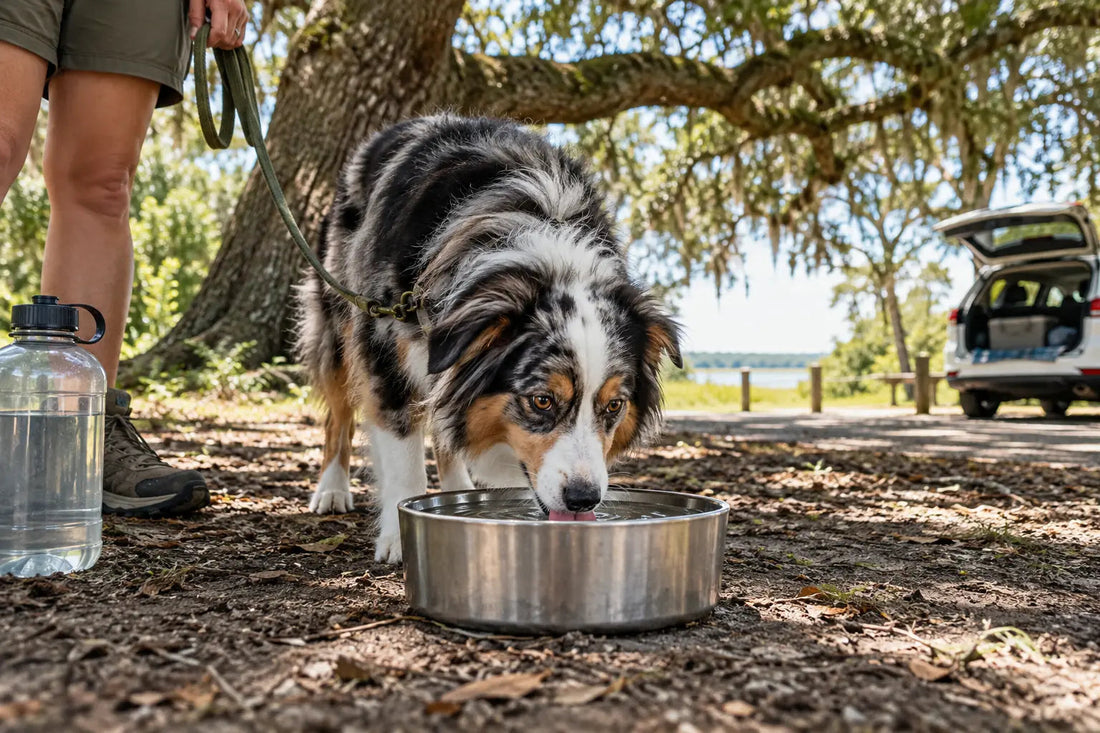 Editorial illustration: An Australian shepherd taking a supervised water break in tree shade