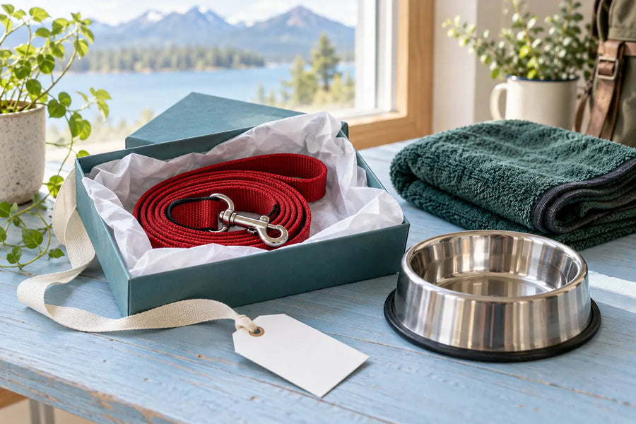 Editorial illustration: A teal gift box with generic dog-travel gift ideas beside it