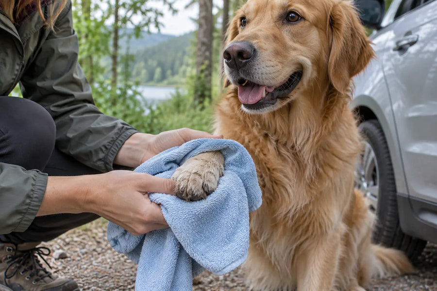 Editorial illustration: gently drying a dog paw with a towel before returning to the car