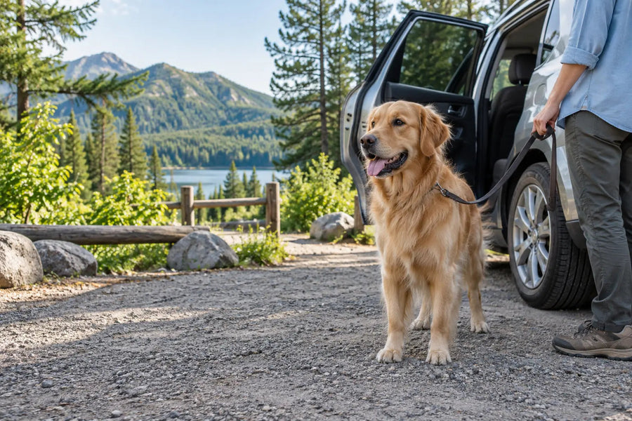 Editorial illustration: a leashed golden retriever beside a parked SUV at a lakeside trailhead