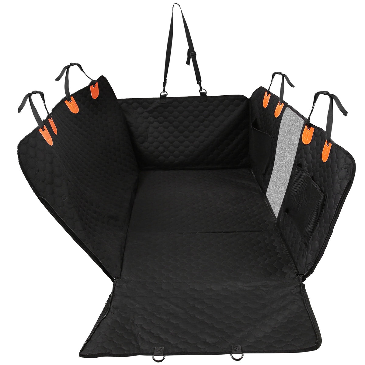 Black dog car hammock with mesh window, orange strap tabs and side flaps