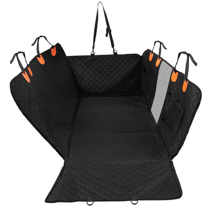 Black dog car hammock with mesh window, orange strap tabs and side flaps