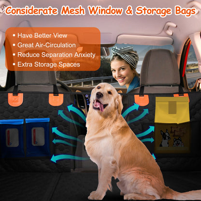 Front-facing mesh window and storage pockets on the installed dog hammock