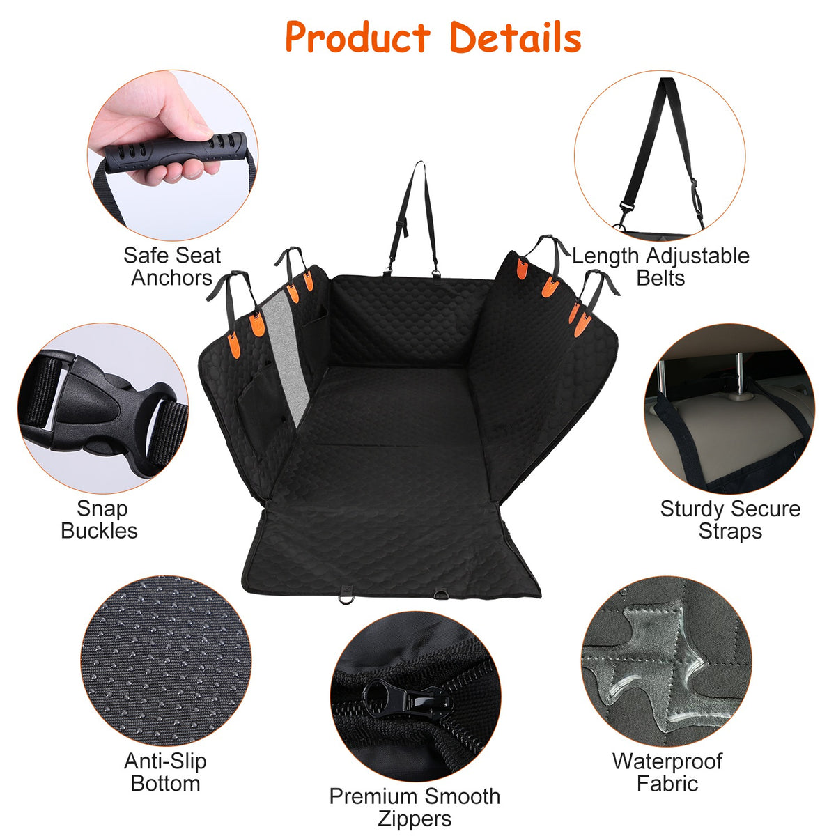 Hammock details showing anchors, buckles, adjustable straps, mesh and backing