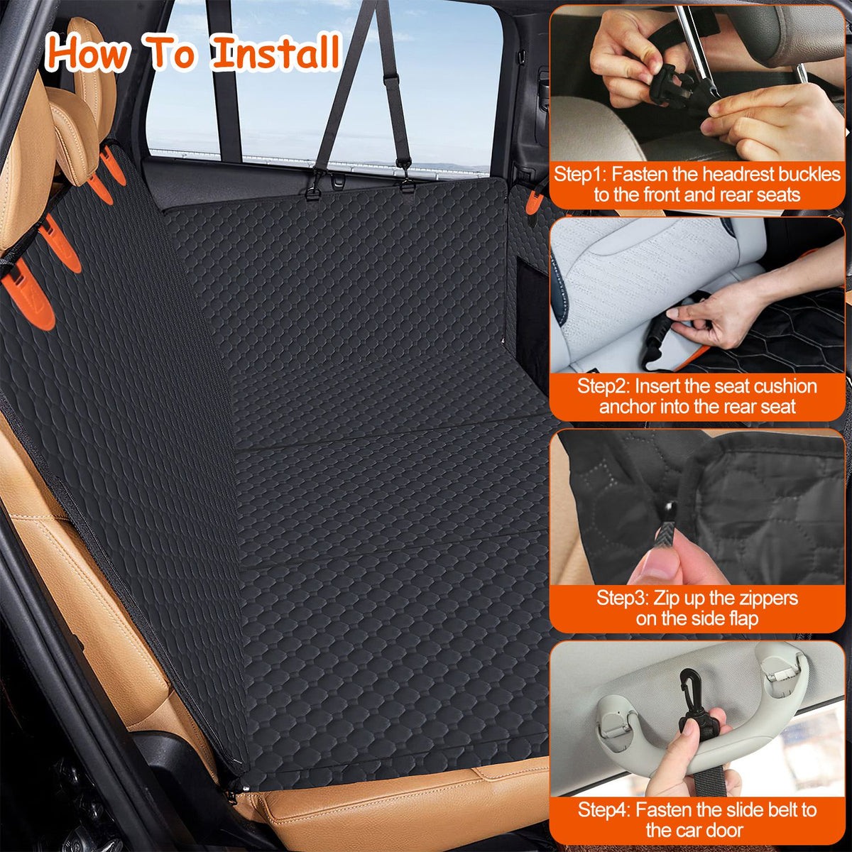 Installation guide showing headrest straps, seat anchors, zippers and side straps
