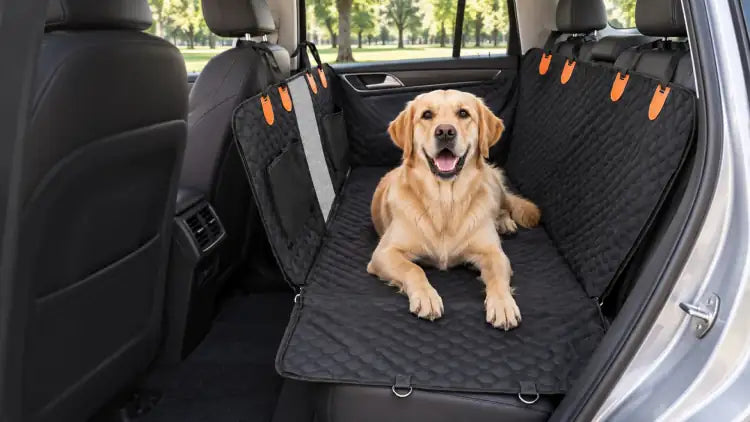 Campaign image of a dog resting in a black quilted back-seat hammock