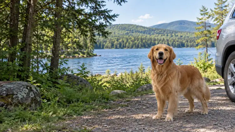 Golden retriever enjoying a lakeside road-trip stop