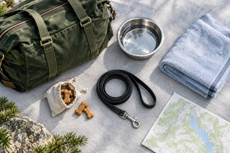 Editorial illustration: a bag, bowl, towel and leash ready for an outing