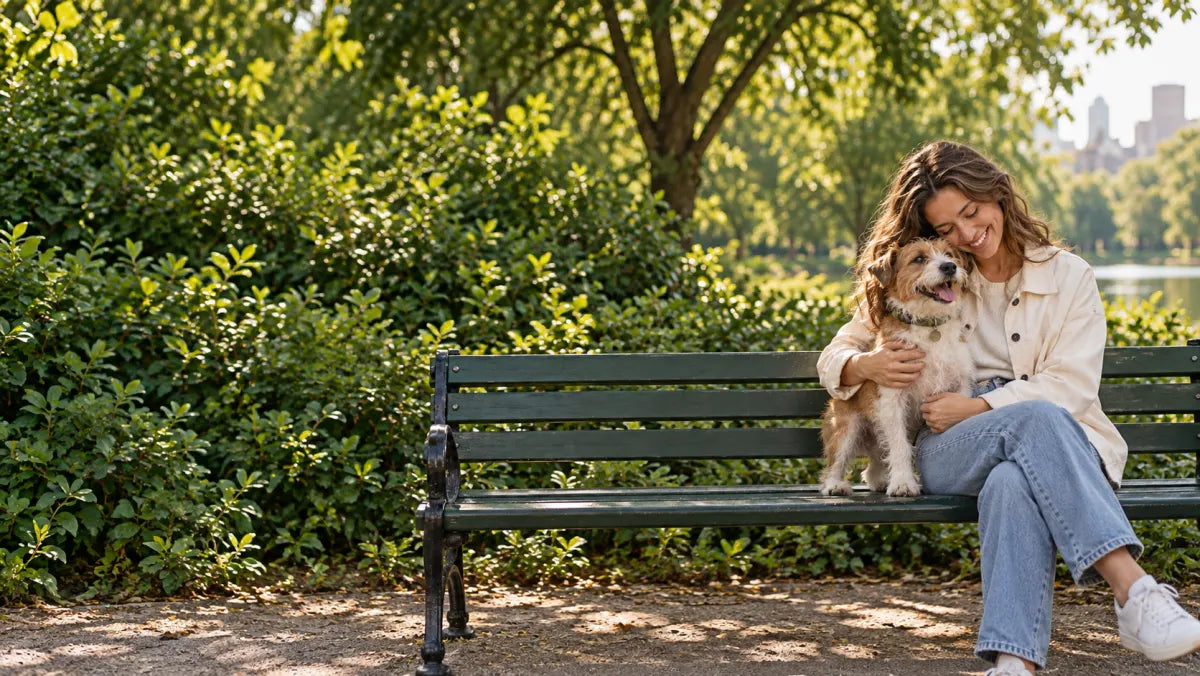 Editorial image of a woman relaxing with her terrier on a park bench