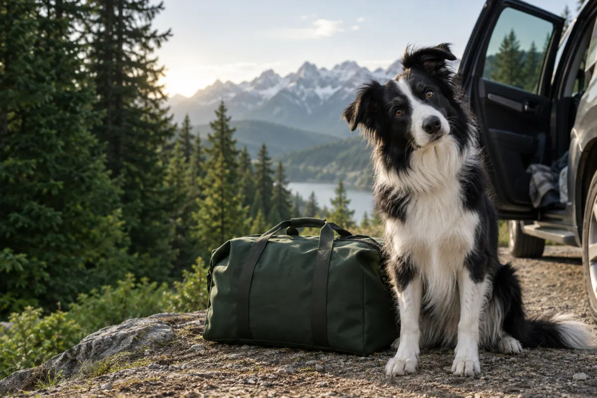 Editorial image of a curious border collie beside a travel bag in the mountains