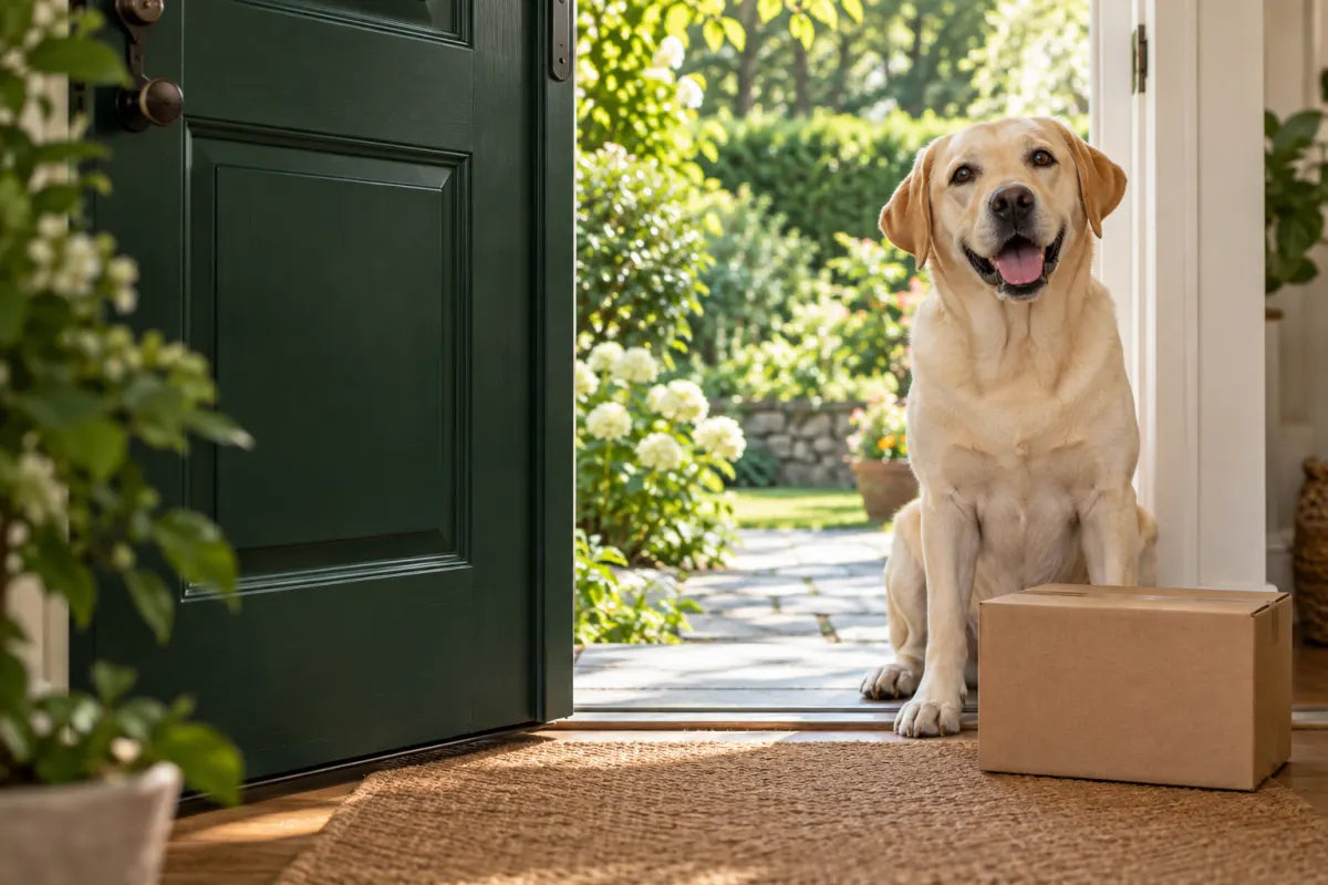 Editorial image of a Labrador beside a delivery box at a front door